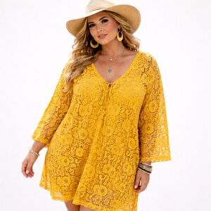 Lane Bryant Mustard Lace Boho A-Line Swing Dress Bell Sleeve Plus Size